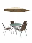 Set de table 6pcs Table verre D120cm+ 4 Chaises + Parasol D2.70M LCL