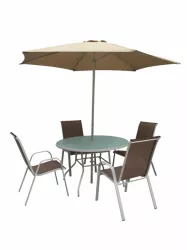Set de table 6pcs Table verre D120cm+ 4 Chaises + Parasol D2.70M LCL