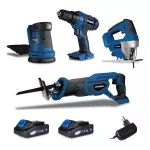 Pack d'outils 20 V 1.5 Ah (Perceuse, scie sauteuse, ponceuse excentrique, scie sabre)