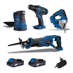 Pack d'outils 20 V 1.5 Ah (Perceuse, scie sauteuse, ponceuse excentrique, scie sabre)
