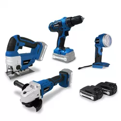 Pack 4 outils 18 V - Perceuse + Meuleuse + Scie sauteuse + Lampe