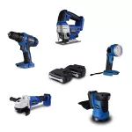 Pack 5 outils 18V - Perceuse + Meuleuse + Ponceuse excentrique + Scie sauteuse + Lampe