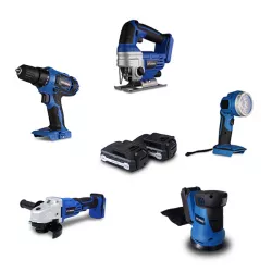 Pack 5 outils 18V - Perceuse + Meuleuse + Ponceuse excentrique + Scie sauteuse + Lampe